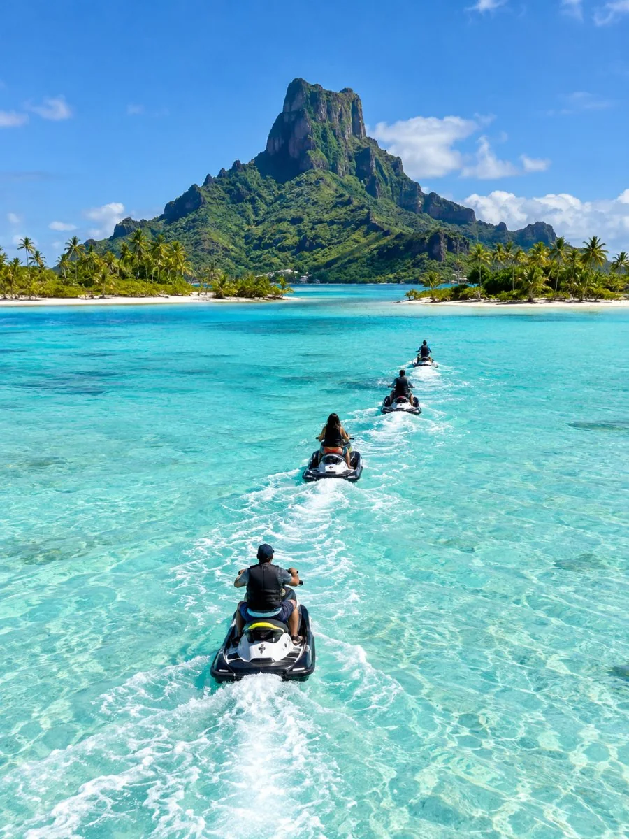 A guide on a jet ski leading a short line of jet skis across the pale turquoise lagoon of Bora Bora, Mount Otemanu behind