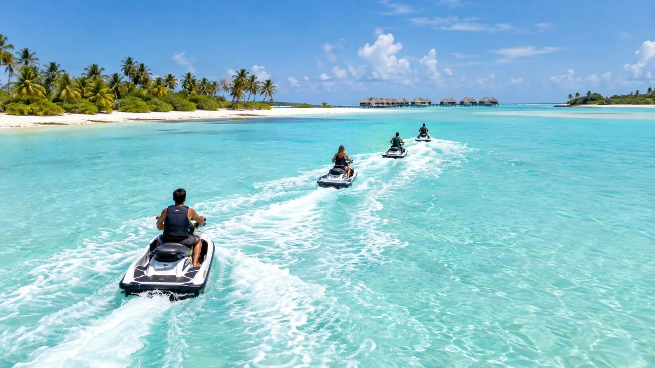A short line of jet skis following a guide across the turquoise Bora Bora lagoon in bright sun