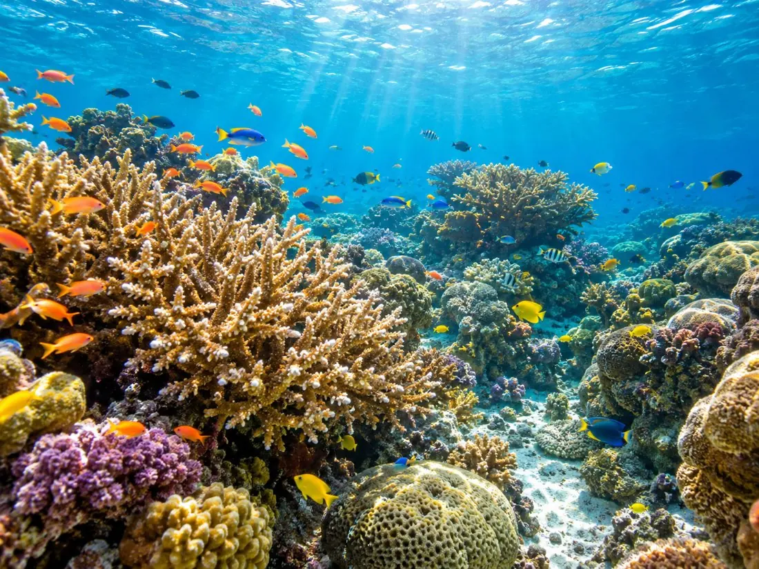 A coral garden with small tropical fish in clear water near the reef