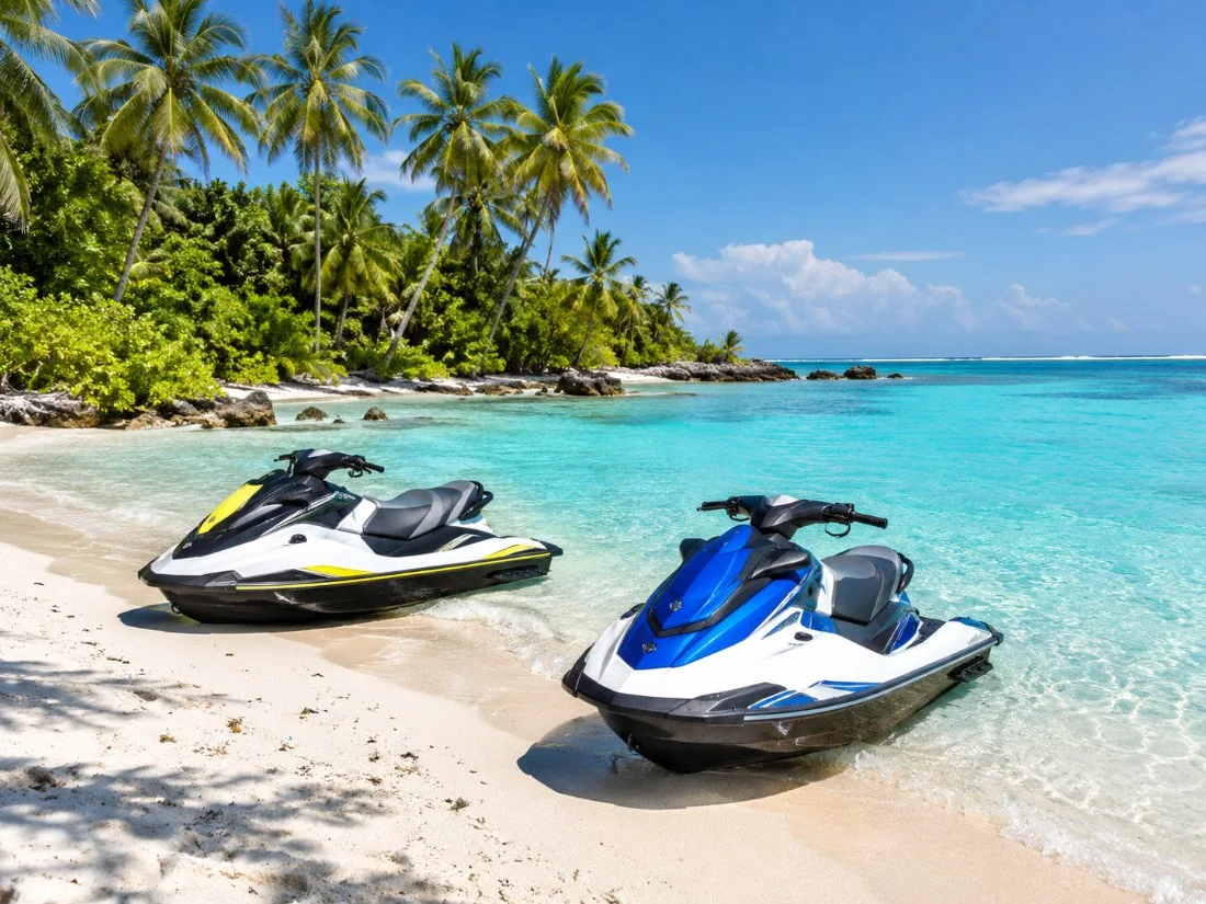 Two jet skis pulled up on the white sand of a palm-covered motu, with the lagoon beyond